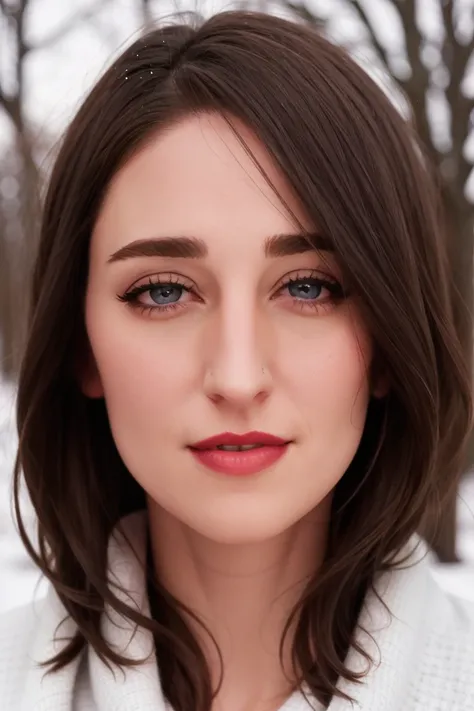 <lora:sarabareilles:0.6>, sarabareilles,  a photo of a woman, short hair, sweater, outdoors, snow, trees, red lipstick, blush, ((detailed eyes, detailed face):1.2)