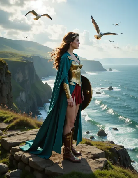 Pony_Flux_001, A young woman stands alone on a windswept cliff overlooking a vast ocean, her long brown hair fluttering in the sea breeze. She wears intricate medieval armor, embellished with a delicate hairpiece, and a flowing cloak billows dramatically b...