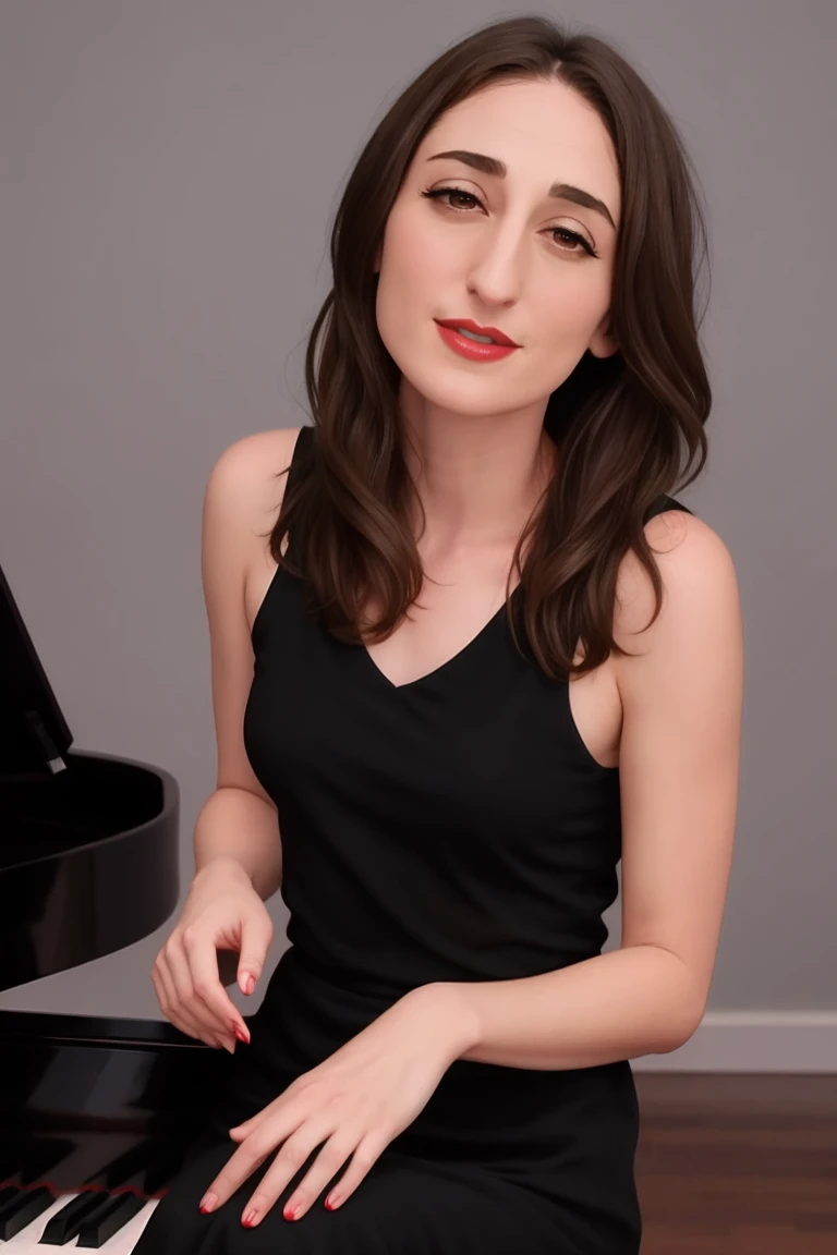 <lora:sarabareilles:0.6>, sarabareilles,  a photo of a woman, sitting  at a piano, singing, slight smile, ((detailed eyes, detailed face)), red lipstick, blush, short hair