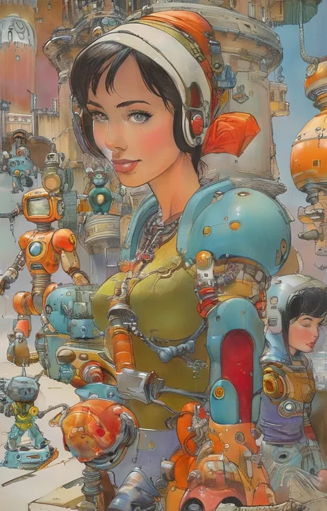 masterpiece,best quality,<lora:tbh435-sdxl:0.8>,illustration,style of Arthur Adams portrait of Housework robots