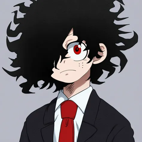 (masterpiece), 1boy, solo, Yamikumo, black hair, hair over one eye, messy hair, red eyes, school uniform, red necktie, looking at viewer