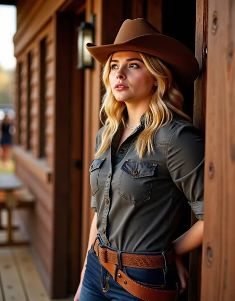 <lora:ChloeMoretzflux1a-000001:1>   She has wavy, shoulder-length blonde hair parted to the left side,. She has a fair complexion ,  she is dressed as a cowboy in the wild west standing outside a saloon,   She is leaning up against the side of the saloon w...