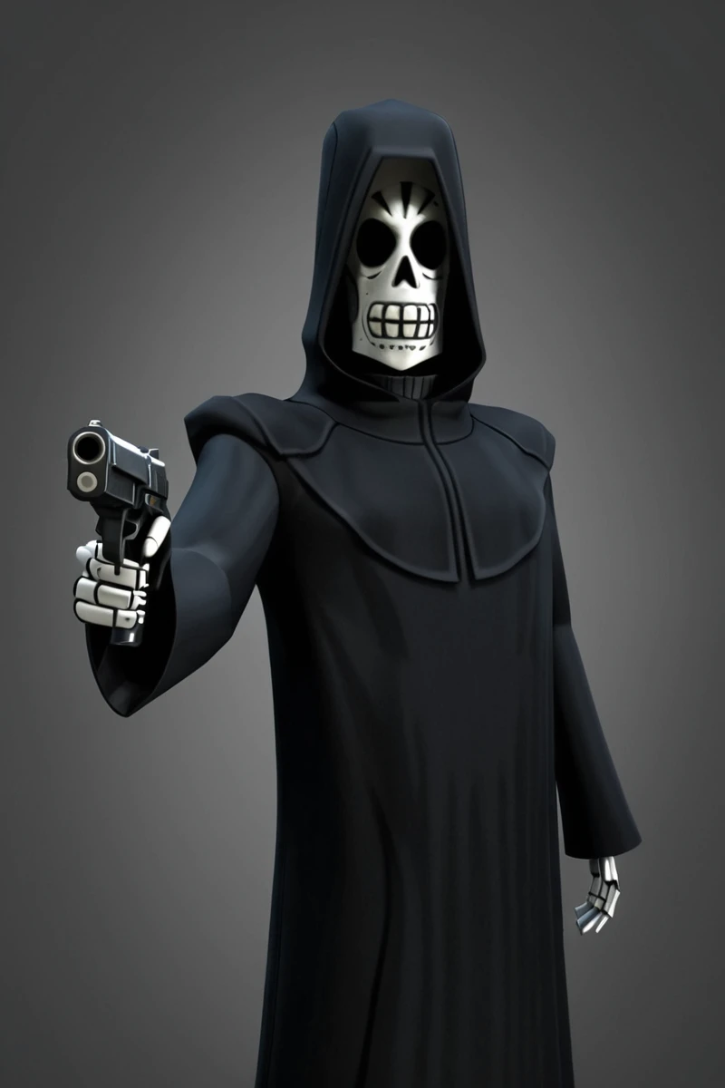 hires digital photo, photorealism, <lora:Manny Calavera:1> high-poly 3D cinematic, retro 3D, simple grey background, m@nn1, black grim reaper robes, hood down, holding handgun, aiming at viewer, intricate details, high resolution,