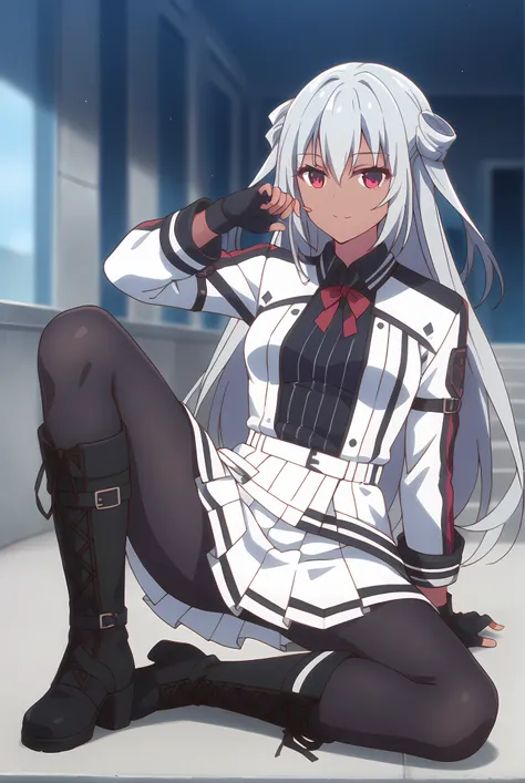 (white jacket white skirt black pantyhose fingerless gloves black boots:1.30), gg-kerlich, red eyes, grey hair, long hair, dark skin, medium breasts, 1girl, solo, skinny, score_9, score_8_up, score_8, score_7_up, score_7, score_6_up, score_6, score_5_up, s...