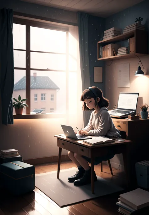 Cozy bedroom scene featuring a (lo-fi girl:1.3) style, with a (somber:1.2) atmosphere. Show a (homework desk:1.4) cluttered with a (laptop:1.3), (notebook:1.2), and scattered papers, illuminated by soft, warm light. Rain gently patters against the window, ...