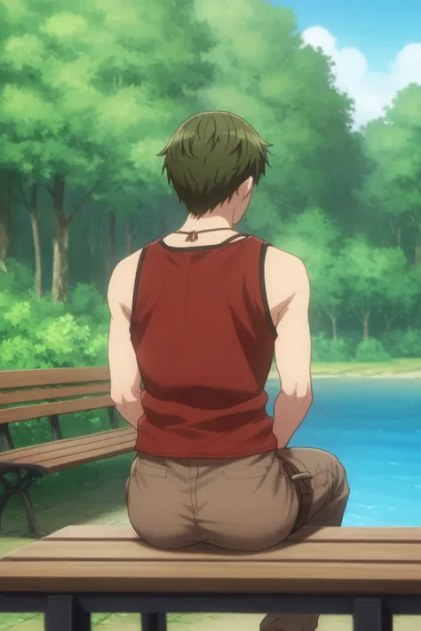 score_9,score_8_up, score_7_up, score_6_up,
ryuuji nojima, green hair, green eyes, 1boy, male focus, solo, tree, from behind, sitting, tank top, bush, outdoors, water, pants, bench, brown pants