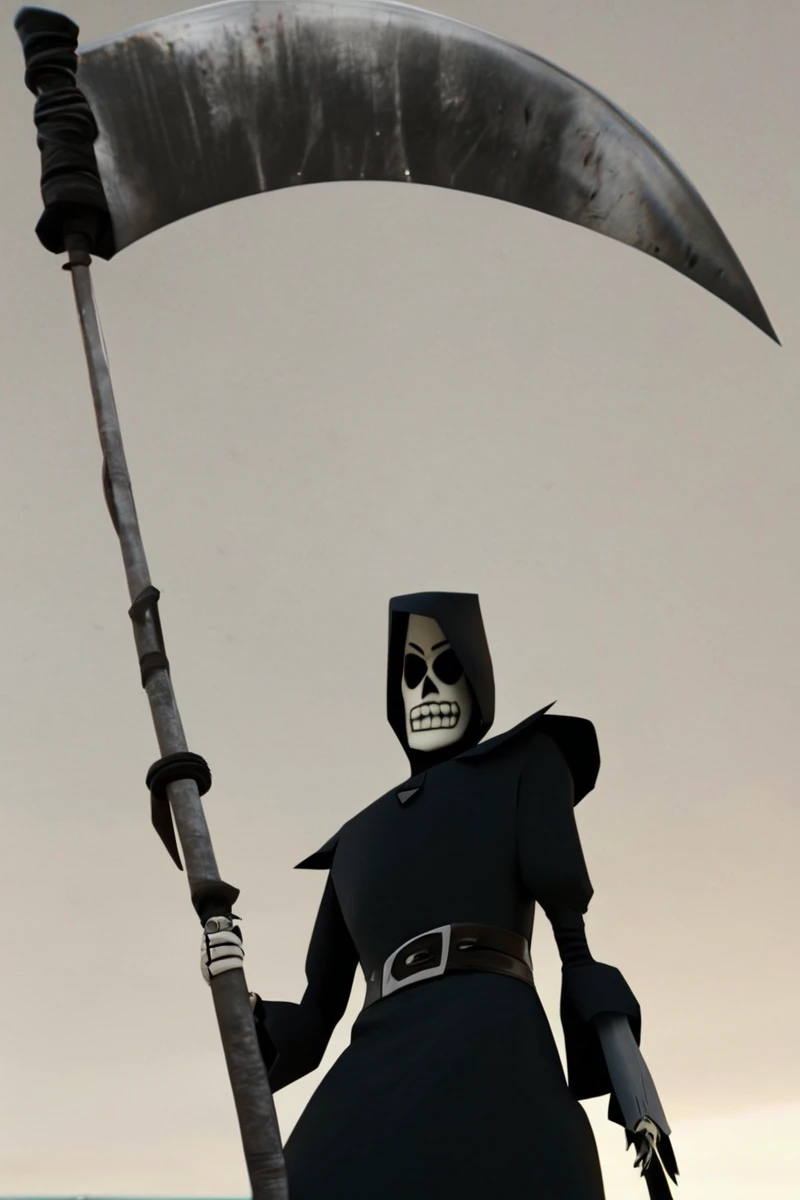 photorealistic 3D render high-poly 3D cinematic, retro 3D, simple background, from below, upper body, m@nn1, grim reaper robes, hood, holding scythe, swinging scythe <lora:Manny_Calavera_Grimfandango_PonyXL-000018-0792:1>, 3D_core, source_3D, PonyXL_Scores