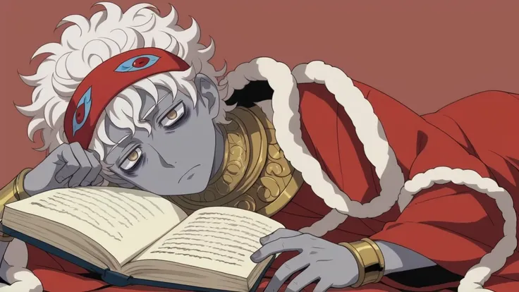 safe_pos, score_9, score_5_up, score_4_up, best quality,  source_anime, anime screencap, uncensored, 1boy, solo, beige eyes, bags under eyes, sleeping mask headband, grey skin, white hair, curly hair, book on hand, feather on hand, greek clothes, lying dow...