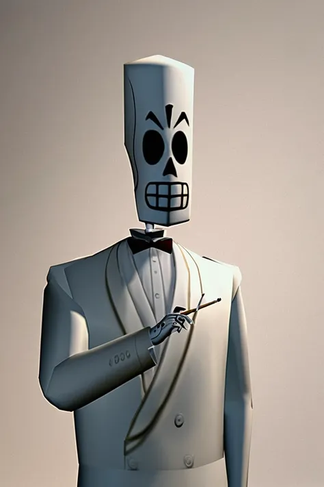 photorealistic 3D render high-poly 3D cinematic, retro 3D, simple white background, m@nn1, formal white suit, holding cigarette, looking away <lora:Manny_Calavera_Grimfandango_PonyXL-000018-0792:1>, PonyXL_Scores, 3D_core, source_3D