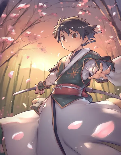 (score_9), score_8_up, score_7_up, score_6_up, source_anime, <lora:ponyxl-aaaa_(quad-a)-style-v01:1> aaaa (quad-a), samurai, male focus, katana drawn, cherry blossom petals, traditional clothing, Japan, sunset, intense gaze, battle stance, bamboo forest, d...