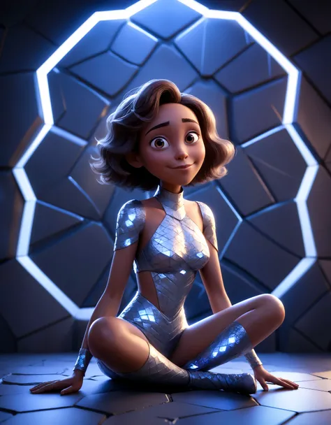 (3d pixar style:1.3), Mystical woman in an outfit with metallic hexagonal textures, in front of a stone backdrop, glowing highlights. Lying on the ground, propped up on one elbow, looking relaxed.