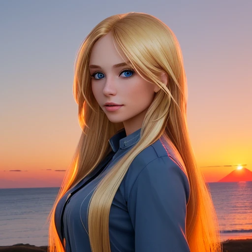 A attractive 27-year old girl with long blonde hair,blue eyes,sunset background