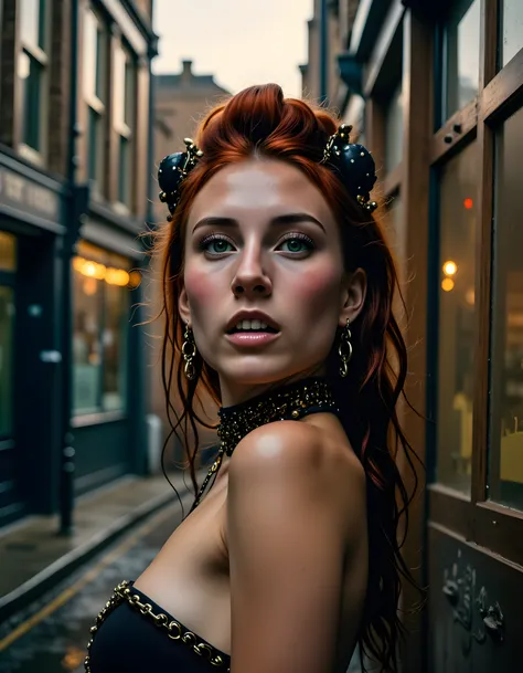 In a grungy, rain-soaked London alleyway at twilight, the camera captures ANG3LA, a woman with fiery red hair and piercing green eyes adorned in a steampunk-inspired outfit, her teeth gleaming white against her dark, parted lips as she looks directly into ...