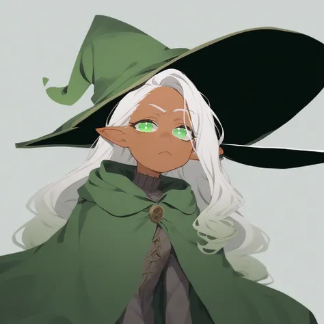 1girl, long hair, white hair, tan skin, green pupils, wizard hat, green cloak, pointed ear