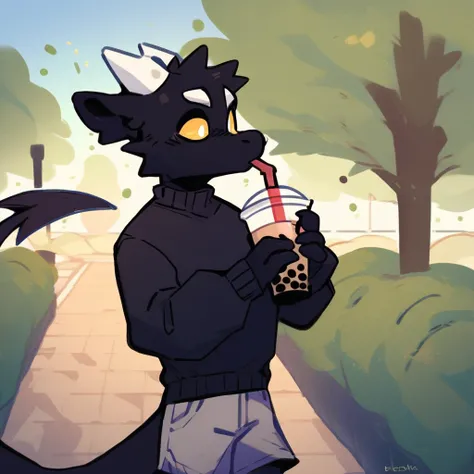 score_9_up, score_8_up, score_7_up, source_furry, mikus-style, black dragon, black body, white horns, yellow eyes, park, holding, bubble tea, black sweater, gray shorts, 1boy, solo