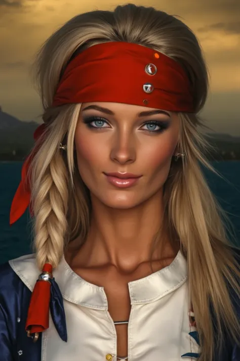 a close-up portrait of a female pirate with long blonde hair and a red bandana tied around her head. She is wearing a white long-sleeved t-shirt with a white stripe down the front of it. Her eyes are a piercing blue, and her eyebrows are a darker shade of ...