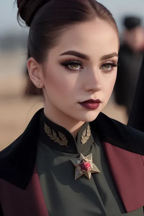 <lora:haleylujan:0.6>, haleylujan ,a photo of a woman, outdoors, (black lipstick, heavy eyeliner, heavy eye shadow), cape, military uniform, military medals, ((hair in bun)), military parade, military procession, ((detailed eyes, detailed face)), pale skin...