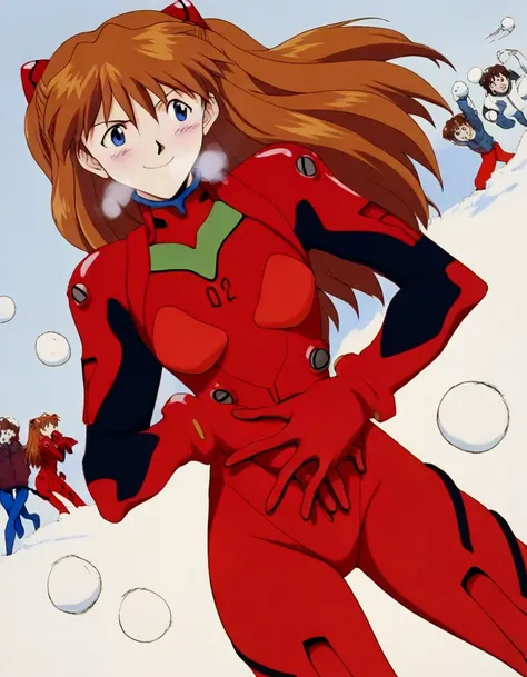 , <lora:asuka-langley-soryuu-classic-illustrious-lora-nochekaiser:1>, asuka langley soryu, long hair, bangs, blue eyes, brown hair, hair ornament,, bodysuit, pilot suit, plugsuit, red bodysuit, interface headset,, snow day, winter clothes, snowball fight, ...