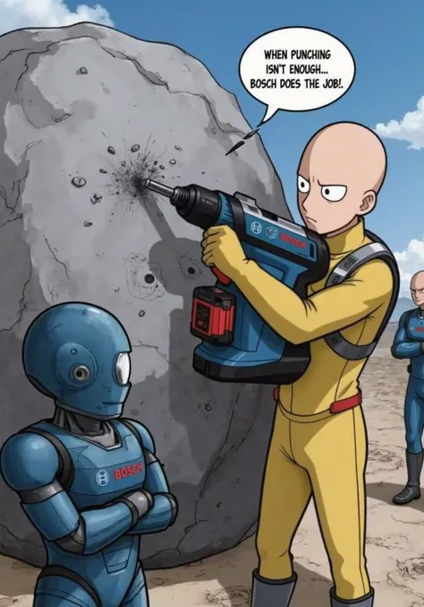 Imagine Saitama from One Punch Man, standing in front of a massive boulder, ready to do some serious drilling with a Bosch cordless hammer drill. The drill has its iconic blue body with red accents, a visible battery pack, and the BOSCH logo clearly displa...