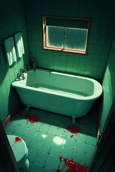 score_9, score_8_up, score_7_up, source_anime, rating_safe, night, dark, natural lighting, bathroom focus, sink, toilet, bathtub, blood, blood splatter, intricately detailed illustration, Candibath, from above, negative space, green theme, horror (theme)