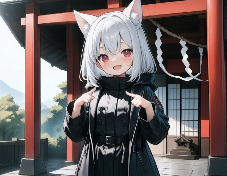 1girl, fox_ears,
silver_hair,
red_eyes,
skin_fang,
smile,open_mouth,
hooded_coat, 
pointing_at_self, 
shrine,
BREAK
masterpiece, best_quality,
newest,