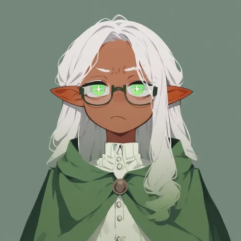 1girl, long hair, white hair, tan skin, green pupils, glasses ,green cloak, pointed ear