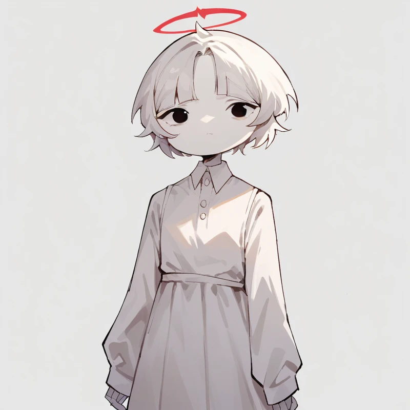 score_9, score_8_up, score_7_up, <lora:chewingarts:1>, chewart, white background, white skin, short hair, white hair, red halo, white dress, looking at viewer, standing, thin body, little girl,