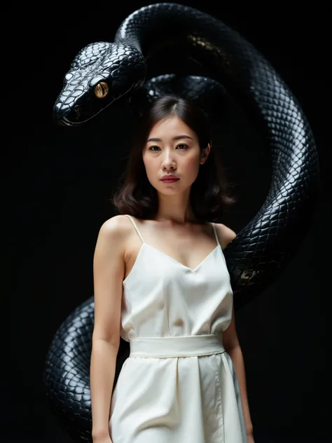 A women wearing a white dress. A large, black, and intricately detailed snake is wrapped around the persons body, with its head positioned near the persons shoulder. The snake has a glossy, textured surface and striking golden eyes. The background is dark,...