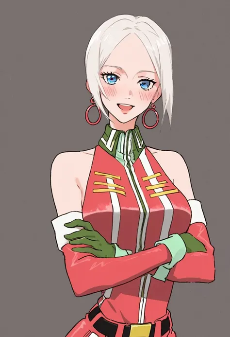 score_7_up, score_8_up, score_9, masterpiece, high quality, perfect hands,
InnesLorenz, anime style, solo, female, 1girl, white hair, short hair, red hoop earrings, 
red sports bra, bare shoulders, red sleeves, green gloves,
blue eyes, mouth open, smiling,...