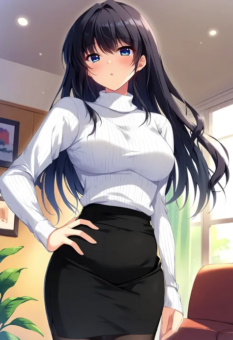 score_9, score_8_up, score_7_up, score_6_up, score_5_up, score_4_up BREAK
source_anime, rating_safe, msartstyle, indoors, living room, standing, hand on own hip, blush, parted lips, solo, 1girl, black hair, blue eyes, long hair, bangs, sidelocks, white swe...