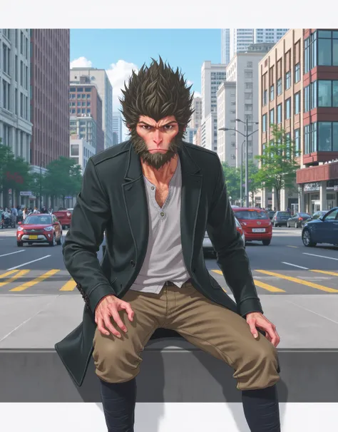 A flat illustration in anime style featuring the full body of "Black_Myth_Wukong" dressed in modern casual attire, sitting in an urban setting. "Black_Myth_Wukong" has nothing in his hands, and the atmosphere is calm and relaxed. The background showcases a...