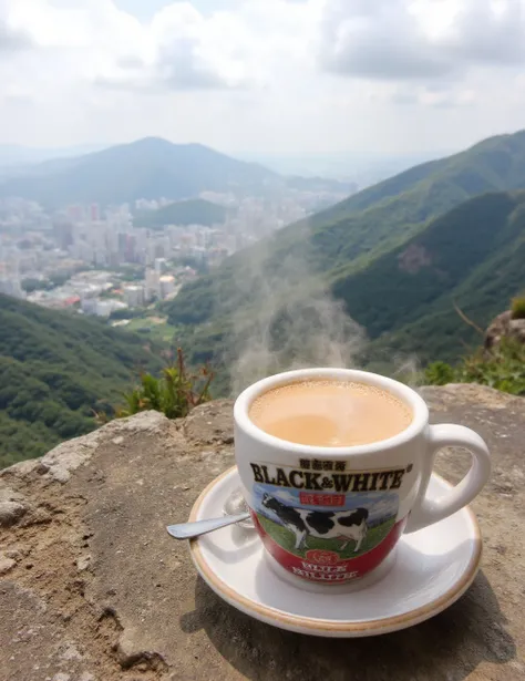 The image features a ceramic cup of milk tea on a saucer, prominently displaying the "BLACK & WHITE" logo, which includes an illustration of a cow., filled with hot milk tea, with smoke come out.This scene is set on the mountain top of Lion Rock in Hong Ko...