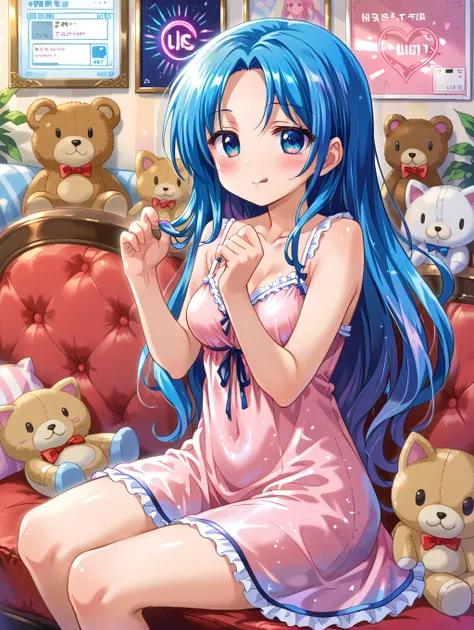 1girl relaxing and sitting in sofa, side shot, looking up, casual dress, sheer, cosplay, holographic clothes, sequins, shining rainbow colors, delicate patterns, blue hair, wavy long hair, side parted bangs, medium breasts, (blush:1.1), (shame:1.1), happy,...