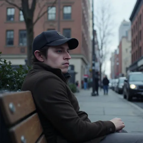 Street photography, depth of field, 50mm, bokeh. 1boy, sitting on a park bench in New York City, he is looking off at something interesting happening out of frame. He has brown hair. He is wearing a jacket and a knit cap. It is winter. Intimate close up po...