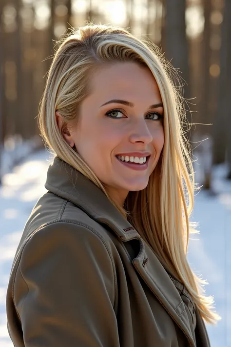 <lora:Sydney Moon_Flux_Rapid:1.1> professional photo, close-up portrait of a 30yo woman with dark blonde hair in winter clothing in a snowy forest on a sunny winter day, looking at the viewer, smiling, bokeh