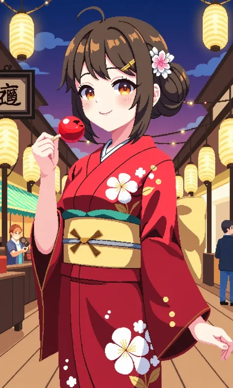 Pixel Art. Imagine a young woman at a traditional festival, dressed in a vibrant, elegant kimono. Her kimono is a deep red with floral details in gold and white, with cherry blossoms embroidered across the fabric, as if they’re floating. The "obi" sash aro...