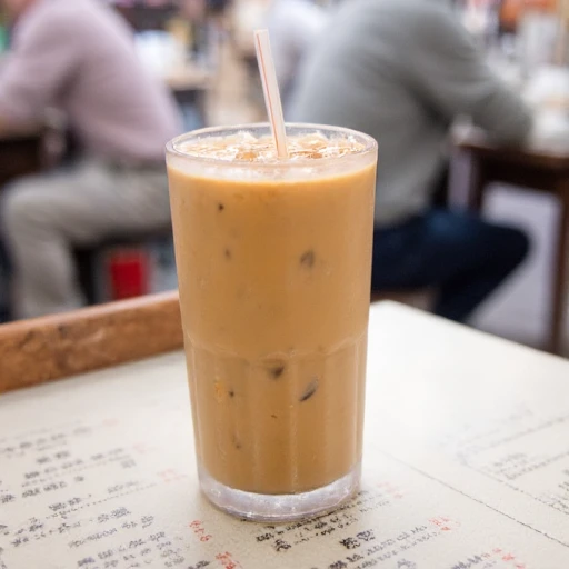 milk_tea_hk, This photograph depicts a glass of iced milk tea, prominently displayed on a light-colored table. in the background, showing snow fall, extremely cool weather.