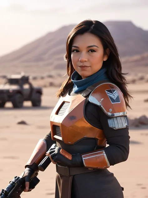 <lora:M1ngN4W3n_pdxl_v10:0.9> , M1ngN4W3n, 1girl, solo, long hair, Mandalorian_(Fennec Shand), dark, futuristic armor with intricate details, including a high collar and shoulder pads. Her outfit is black with orange accents, emphasizing her bounty hunter ...