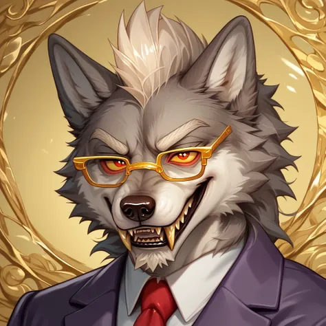 score_9, score_8_up, score_7_up, score_6_up, score_5_up, score_4_up, source_furry
((solo, anthro, 1boy)), light grey fur, white mohawk, sharp fangs, wolf, long white goatee, red iris, yellow sclera, white bushy eyebrows, VonKaramel, gold trimmed glasses, p...