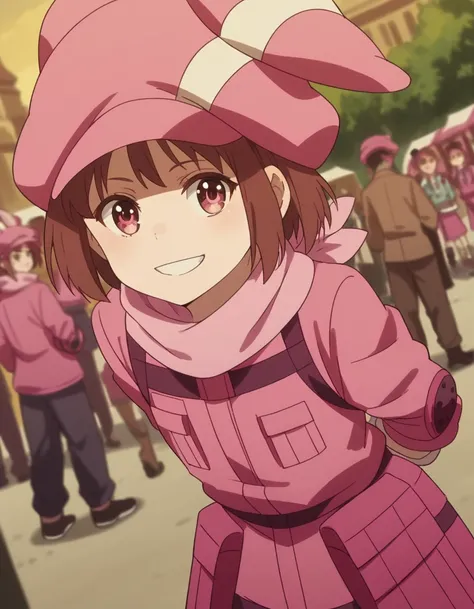 score_9, score_8_up, score_7_up, source_anime, <lora:llen-s1-ponyxl-lora-nochekaiser:1>, llen, short hair, bangs, brown hair, brown eyes, pink eyes,, gloves, long sleeves, hat, jacket, pants, pink eyes, rabbit ears, pink headwear, pink jacket, animal hat, ...