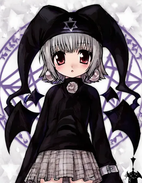 <lora:mayura:1> m4yura, 1girl, solo, hat, wings, plaid skirt, hexagram, jester cap, grey hair