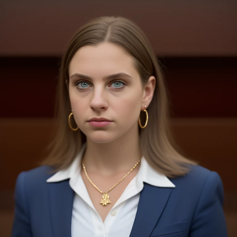 <lora:m4gg13t_32SD-000006:0.9>, a (medium shot) photograph of (beautiful 22 year old) (4ndr34t woman:1.1) with brown hair as a trial attorney lawyer,wearing a (dark blue suit:1.2) with (white blouse:1.4),pleading a case in front of a jury,cross examining a...