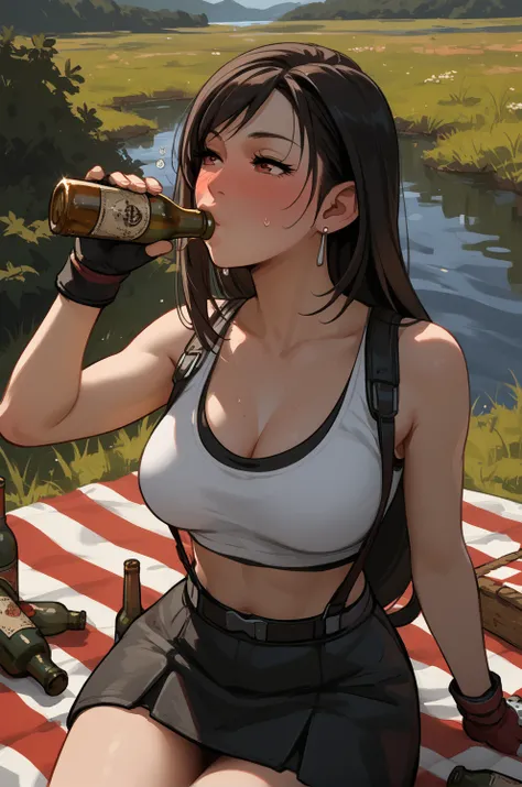 sipping b33rdr1nk, ((b00tl3ver)), score_9, score_8_up, score_7_up, source_anime, 1girl, tifa_lockhart, drinking, holding bottle, bottle in hand, alcohol, drunk, sitting, picnic, flustered, lake background