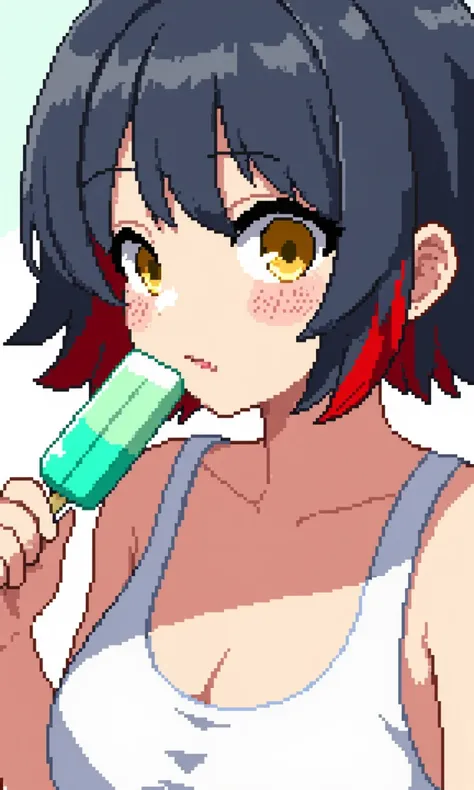 Pixel Art. The image is a pixel art illustration featuring a young woman with a playful, summery vibe. She is depicted as a young adult with a slender, petite physique and fair skin. She has short, dark hair with a red streak, styled in a bob cut. Her larg...