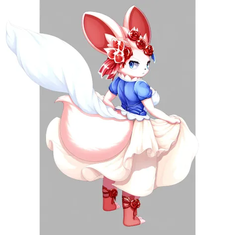 simple background, white fur, animal ears, blue eyes, flower, tail, standing, furry, pokemon (creature), solo, dress, medium breasts, full body, red flower, from behind, hair ornament, hair flower