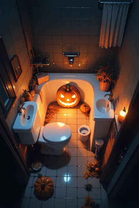 score_9, score_8_up, score_7_up, source_anime, rating_safe, night, dark, natural lighting, bathroom focus, sink, toilet, bathtub, pumpkin, pumpkin monster, jack-o-lantern, intricately detailed illustration, Candibath, from above, negative space, orange the...