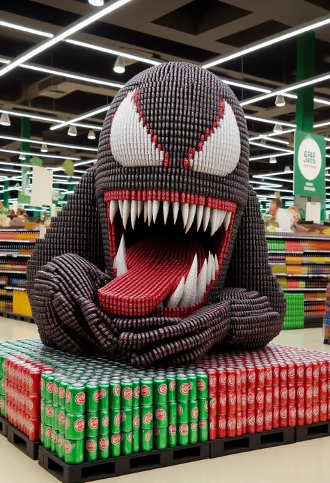 <lora:Supermarket_Soda_Stacker_FLUX-000018:1.2> 
The image is a high-resolution photograph of an elaborate, creative arrangement inside a well-lit supermarket aisle. The centerpiece is a meticulously crafted, life-size model of Venom, constructed entirely ...