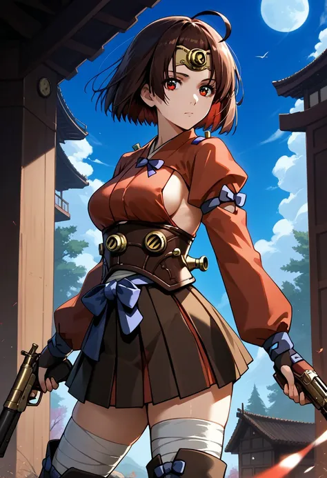 score_9,score_8_up,score_7_up,source_anime,MUMEI_(KABANERI),1girl,solo,breasts,looking at viewer,skirt,long sleeves,gloves,thighhighs,holding,ribbon,medium breasts,ahoge,weapon,pleated skirt,boots,japanese clothes,miniskirt,holding weapon,gun,profile,sideb...