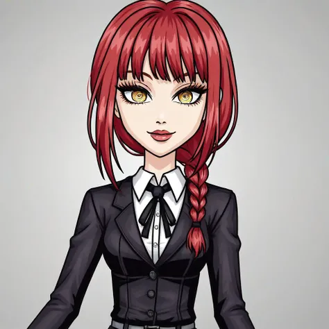 1girl, sole woman, red hair, single braid, makima, makima chainsaw man, ringed eyes, yellow eyes, monster_high, suit, bust shot