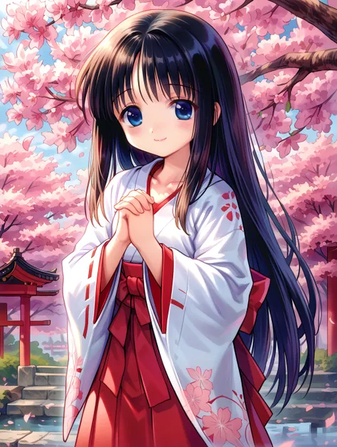 1girl, 
solo, cute face, black hair, long hair, straight hair, miko, red hakama, brack eyes, blush, outdoors, closed mouth, hands up, day, wide sleeves, white kimono, falling petal, long sleeves, cherry blossoms, standing, skirt, own hands together, blue e...